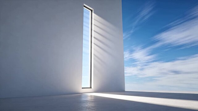 Minimalist white room with narrow rectangular window casting shadows on floor