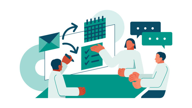 Mapping out business logic on a whiteboard during a strategic planning session, a collaborative team designs automated workflows where email triggers schedule calendar events and tasks