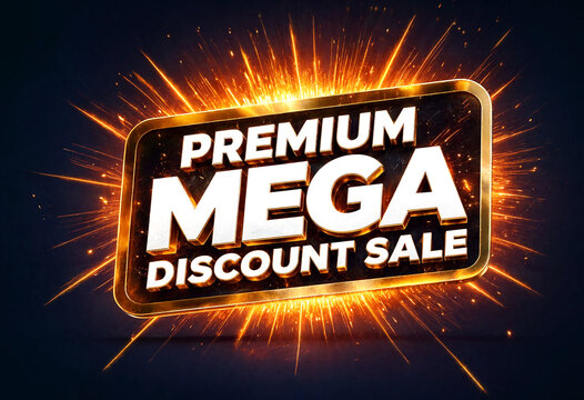 Bright explosive premium mega discount sale sign with golden border and fiery sparkles effect