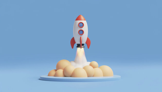 A 3D rendered cartoon rocket ship takes off with a large cloud of smoke against a blue.