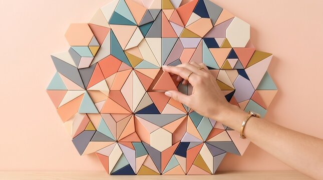 A hand placing a colorful triangular wooden block into a geometric pattern mosaic