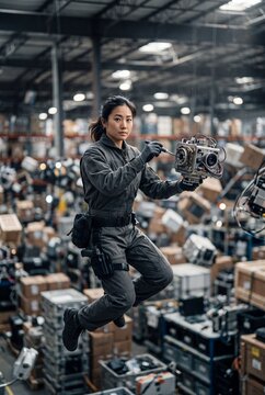 Innovative supply chain concept showing zero gravity cargo management and technical repair