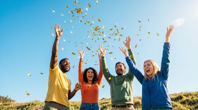 Diverse group of friends celebrating with gold confetti outdoors against a clear blue sky