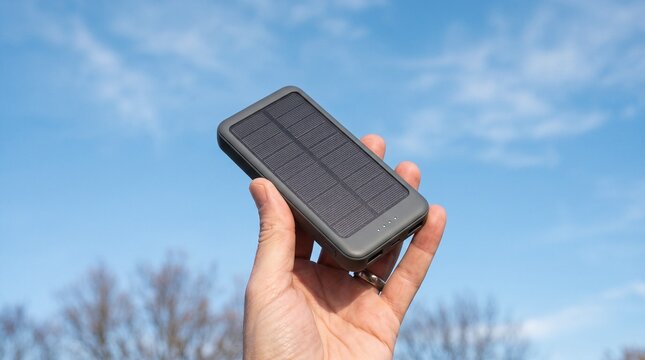 Hand holding a portable solar power bank against a clear blue sky