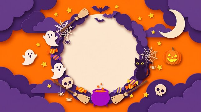 Halloween frame with cauldron, black cat, ghosts, pumpkins, and spider webs on an orange and purple paper cut background