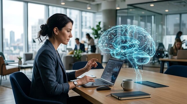 Professional woman working on a laptop with a glowing digital brain hologram floating above the desk in a modern corporate office environment during the day