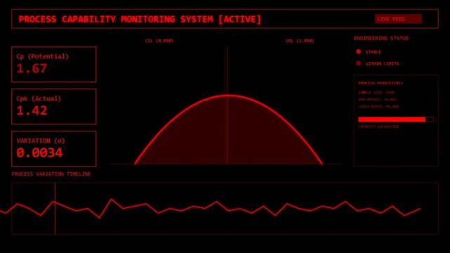 Digital process capability monitoring system interface with red data visualizations, analytics dashboard, statistical bell curve, waveform signal, industrial control screen