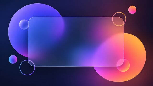 Frosted glassmorphism rounded rectangle banner card with colorful glowing spheres and rings on dark background