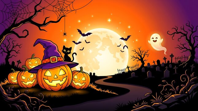 Happy halloween background with jackolanterns wearing a witch hat, black cat, ghost, and graveyard under a full moon