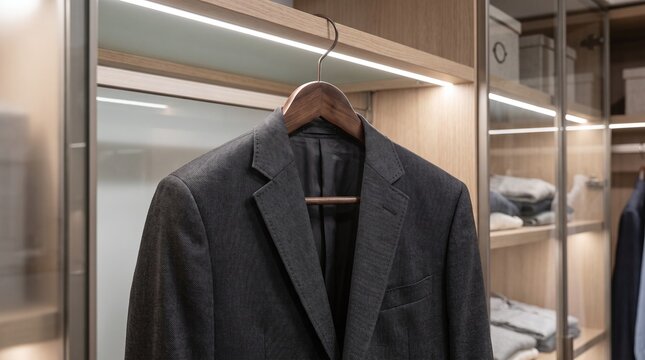 Elegant Mens Suit Jacket Hanging in Modern Wardrobe