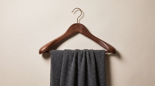Cozy Grey Scarf Hanging on Wooden Clothes Hanger