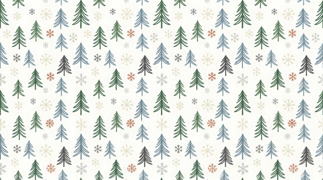 Christmas minimalist seamless pattern with pine trees and snowflakes, ideal for wrapping paper, fabric, and holiday background designs.