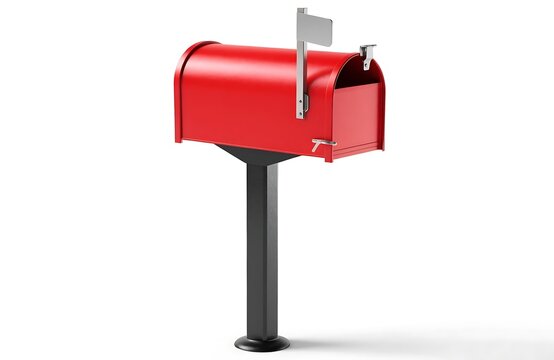 Red metal mailbox on a black post with postal service front door post office