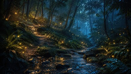 Fototapeta premium Dark blue enchanted forest desktop wallpaper, glowing fireflies, mossy stream texture