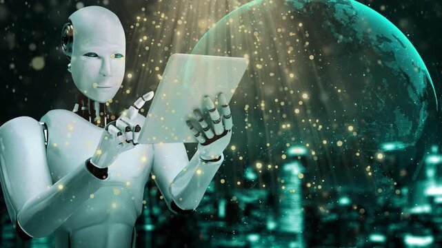 Futuristic robot holds a digital tablet with a glowing padlock icon with video artificial intelligence robot interacting glowing digital padlock globe virtualization authentication cybersecurity