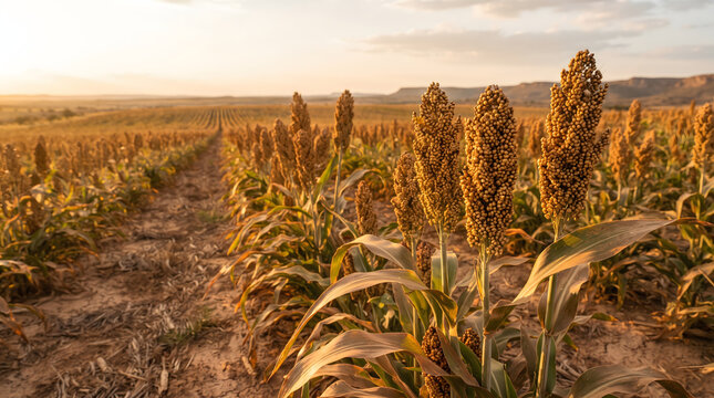 Mature sorghum plants growing in a dry agricultural field