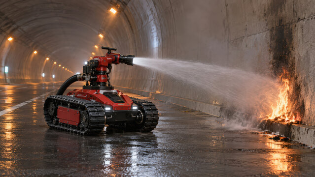 Tracked firefighting robot spraying water inside tunnel during emergency response with bright flames and wet reflective pavement