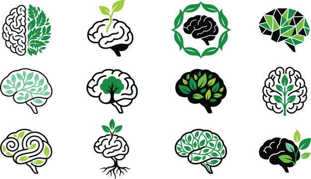 Green brain vector icons set featuring mental health leaf symbols ecological mind logos and organic intellectual growth illustrations isolated on white background