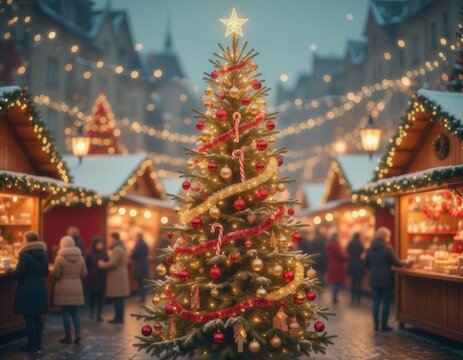 Stimmungsvoller Weihnachtsmarktbesuch, festlich beleuchteter Christbaum, winterliche Romantik, Gl&uuml;hwein-Saison, traditioneller Adventsmarkt und vorweihnachtliche Stadtatmosph&auml;re