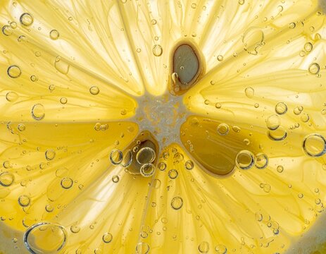 Makro-Hintergrund aus saftigen Zitronenscheiben, gelbe Zitrusfrucht-Textur, Symbol f&uuml;r Vitamin C, nat&uuml;rliche Frische, Saftigkeit, S&auml;ure und Sommer-Erfrischung.