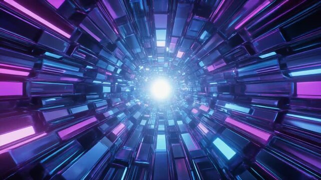 Abstract 3D bar chart with glowing neon glass pillars in blue and pink gradient, futuristic data visualization and financial growth motion background.