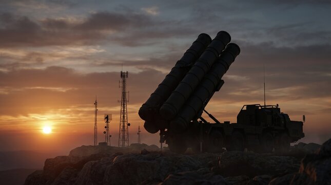  Anti-aircraft missile system launcher military truck silhouetted against a dramatic sunset sky with radar towers