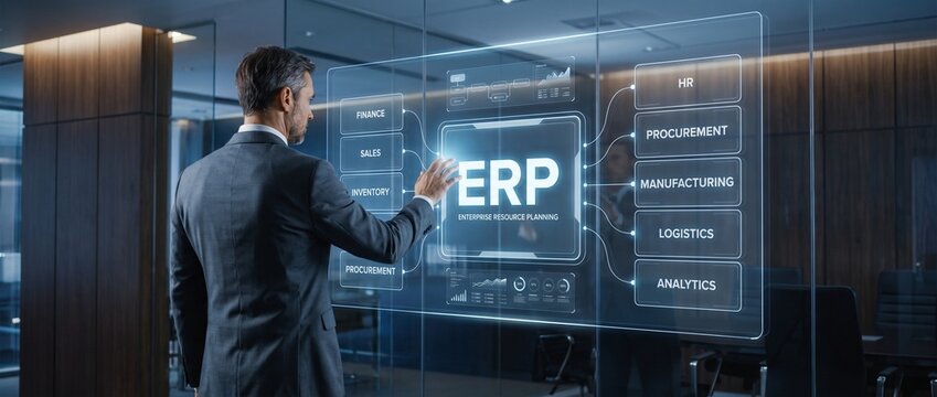 Businessman using a futuristic holographic interface for ERP Enterprise Resource Planning in a modern corporate office