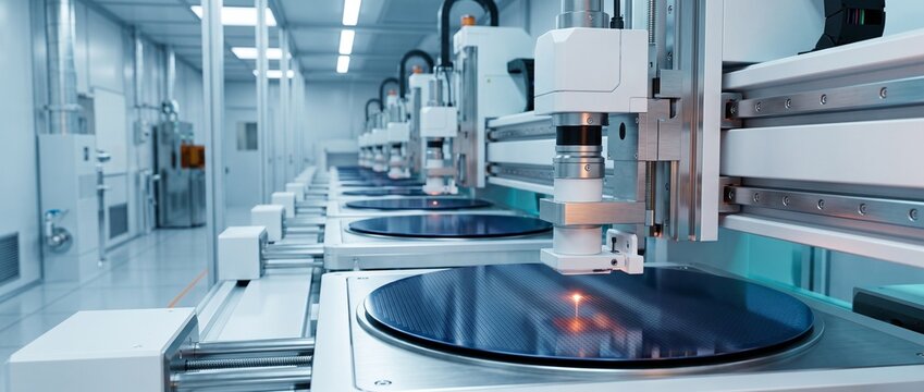 High-tech semiconductor manufacturing facility with robotic laser machine processing a silicon wafer in a cleanroom