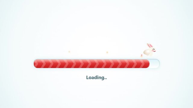 Cute white bunny jumping across loading bar progress indicator on white background.