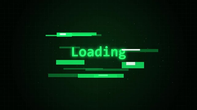 Futuristic digital green glitch loading screen with technological cyber design style.