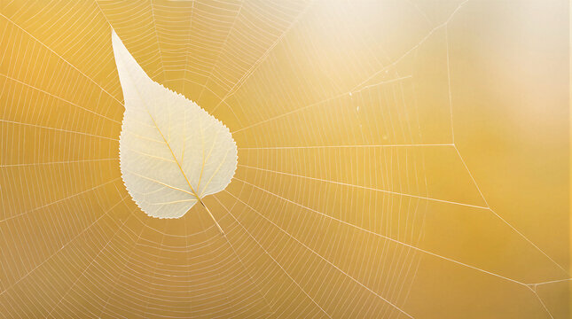 Orb-weaver web holding pale poplar leaf suspended delicately between alder saplings in autumn