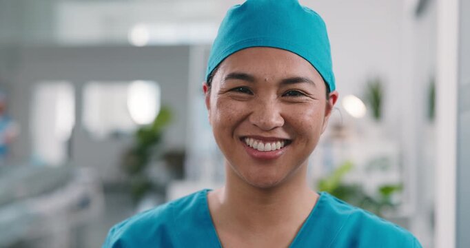 Healthcare, face and woman in hospital with pride, surgical nurse and ppe for patient care. Wellness, portrait and happy doctor with mask, preoperative specialist and ambition in medical industry