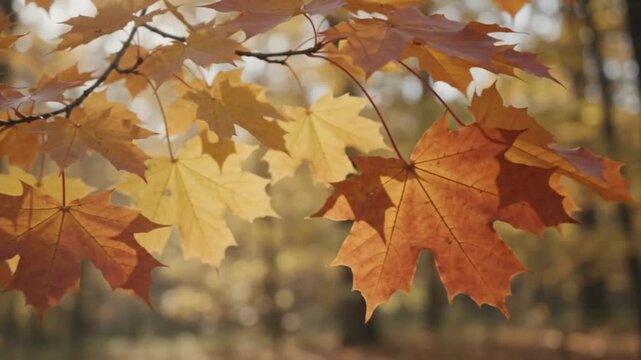 Golden autumn maple leaves on a branch in the forest