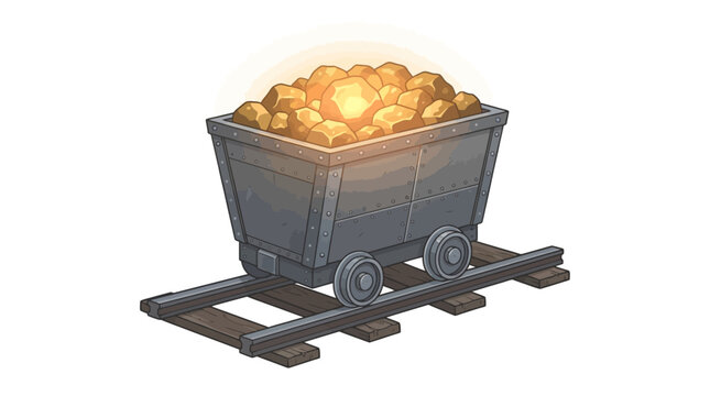 Cartoon mining cart filled with glowing gold nuggets on tracks