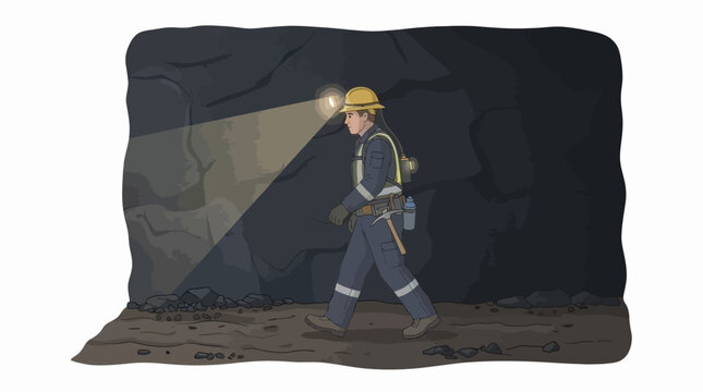 Miner wearing safety gear walking in a dark underground tunnel