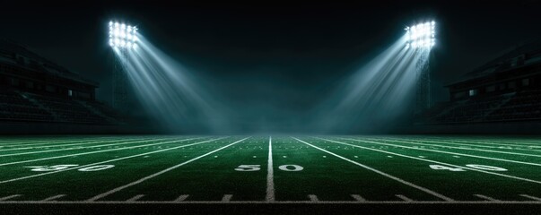 Fototapeta premium A brightly lit American football field at night with stadium lights shining down on the 50-yard line.