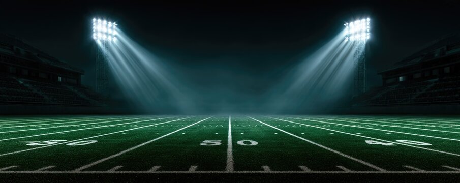 A brightly lit American football field at night with stadium lights shining down on the 50-yard line.