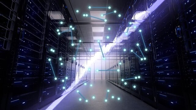 Digital earth globe hologram spinning inside a server room with glowing light trails in a data center with digital network overlay video rotating globe inside modern telecommunication connectivity