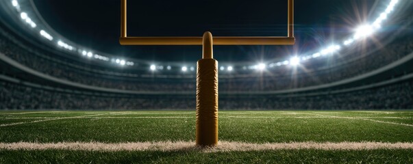 Obraz premium A close-up view of an American football goalpost on a brightly lit stadium field during a night game.