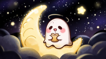 Obraz premium Cute cartoon ghost with a halo sitting on a crescent moon eating bread in a starry night sky