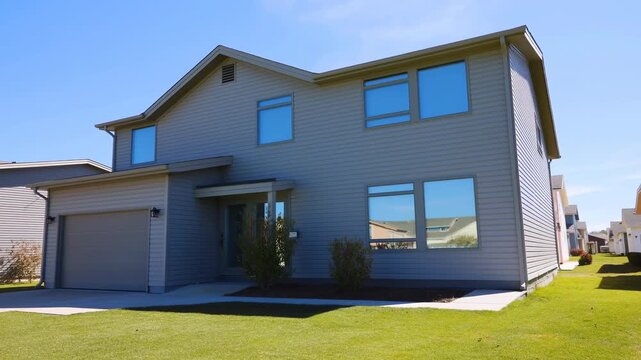 Two-story gray suburban house stands beside a green front lawn, showing attached garage, large reflective windows, landscaped shrubs, and neighboring homes beneath clear blue sky