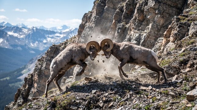 Two Bighorn Sheep Rams Clashing Horns on Rocky Mountain Slope.
