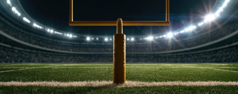 A close-up view of an American football goalpost on a brightly lit stadium field during a night game.