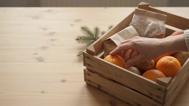 Hands Packing Rustic Christmas Hamper with Fruit and Gifts