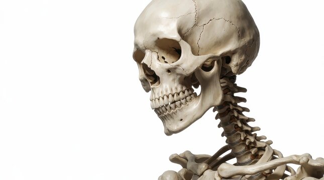 Human skull and cervical spine model isolated on a white background for medical education