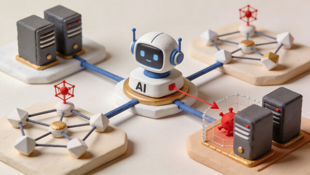 AI cybersecurity concept with a smart robot protecting servers from a red cyber threat, showing artificial intelligence, network security, malware defense, and data protection now.