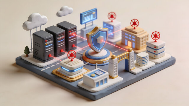 Cybersecurity concept showing protected servers, cloud systems, and connected buildings, symbolizing network security, data protection, cyber defense, and secure digital infrastructure.