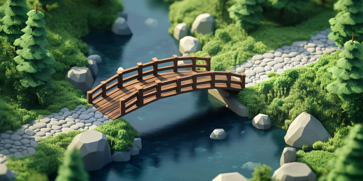 Bridge crosses a small flowing river surrounded by lush green trees and rocky banks in this miniature landscape.