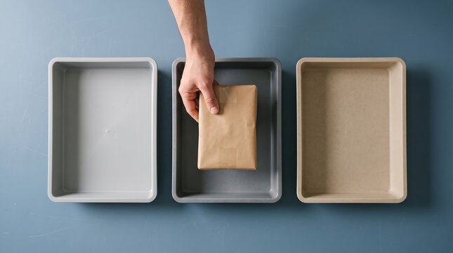 A person placing a paper wrapped package into a rectangular tray on a blue table top
