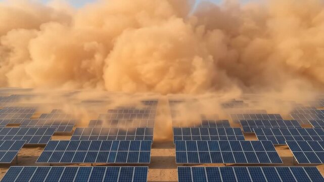 Solar Panel Array Under Dust Storm, Renewable Energy Infrastructure, Desert Power Station, Sunlight Electricity Generation, Environmental Contrast